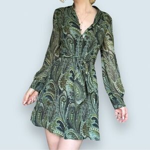 Zara Green Paisley Long Sleeve Mini Dress (Size Extra Small)